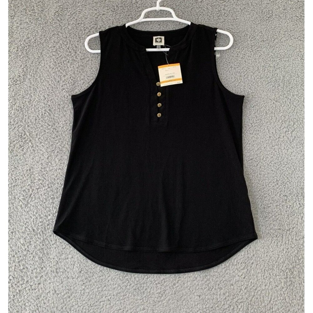 Anne Klein Black Sleeveless Blouse Size Small Front Buttons Lightweight V Neck